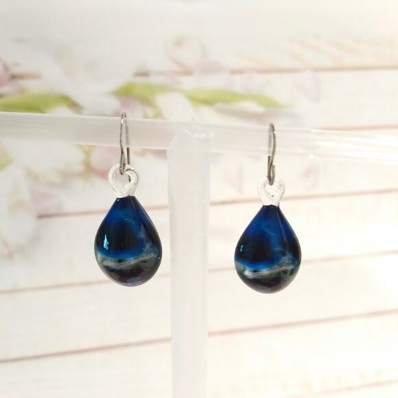 Sterling Silver 925 Ocean Beach Dangle Drop Earrings Blue Fused Glass Hook - Picture 2 of 9